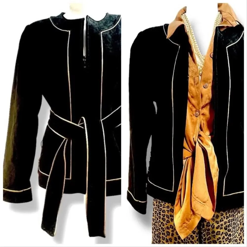 YVONNE MARIE VTG Black Suede Leather & Metallic Gold Trim Blazer/or Jacket SZ 10